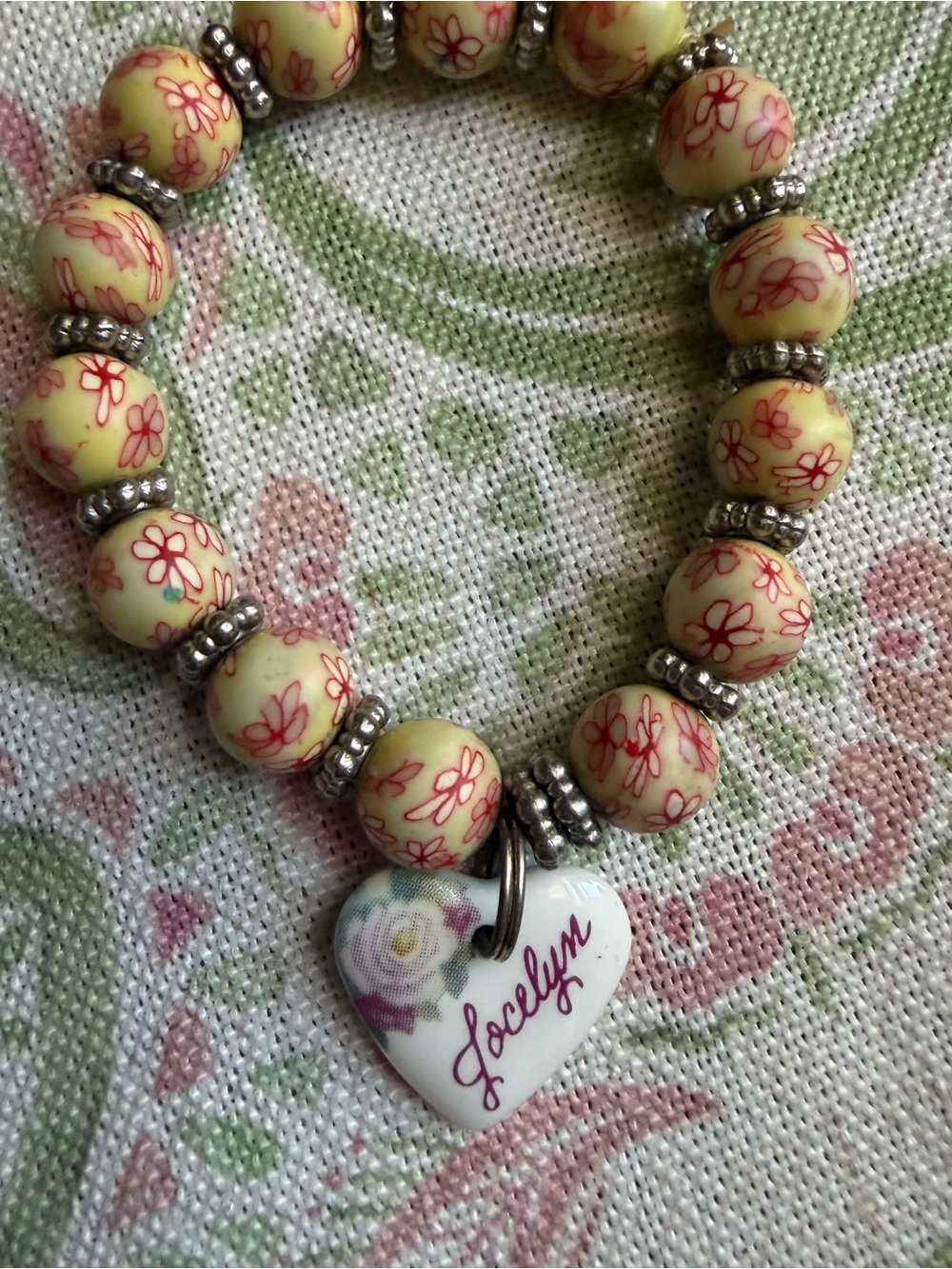 Handmade Floral Bead Stretch Bracelet with Custom 'Jocelyn' Heart Charm